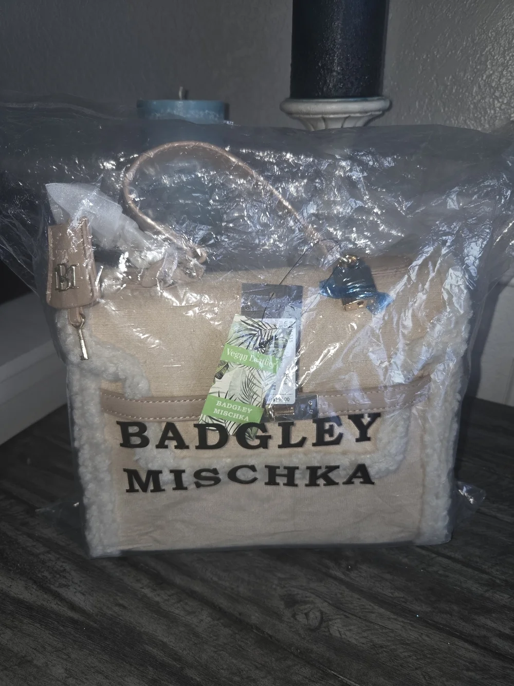 Badgley Mischka Beige With Shearling Trim Handbag - Women Bags